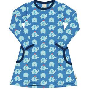 Maxomorra Blue Elephant Print Long Sleeve Dress Sz 110/116